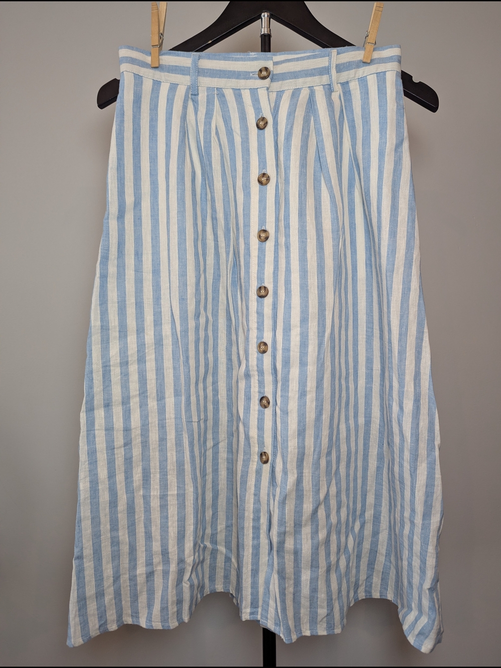 Everly Women's M Blue White Striped Linen Blend Button Front Midi Skirt Nautical